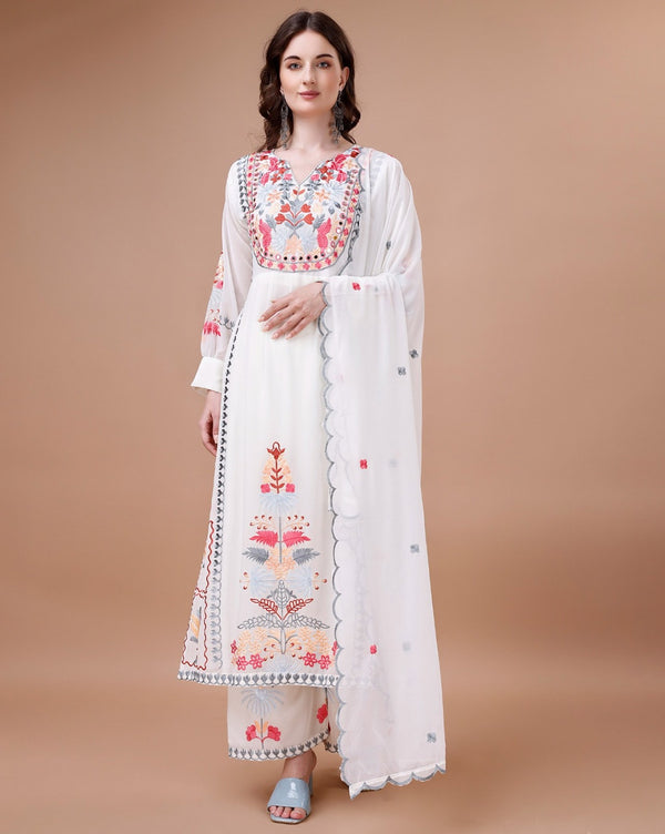 White Georgette Embroidered Kurta Set