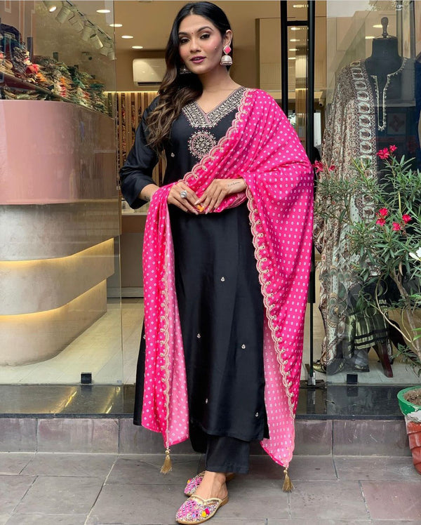 Black Kurta Set with Pink Dupatta