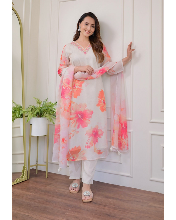 Floral Printed White Kurta set with Dupatta