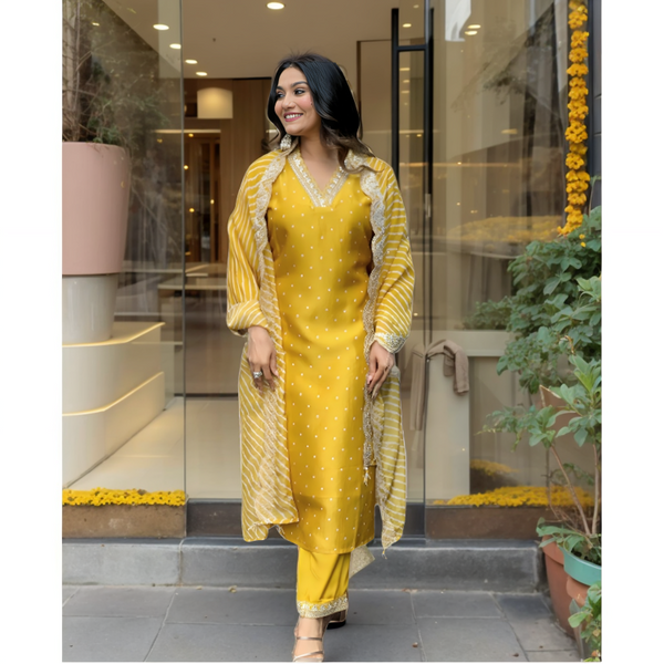 Yellow Embellished Muslin Kurta set