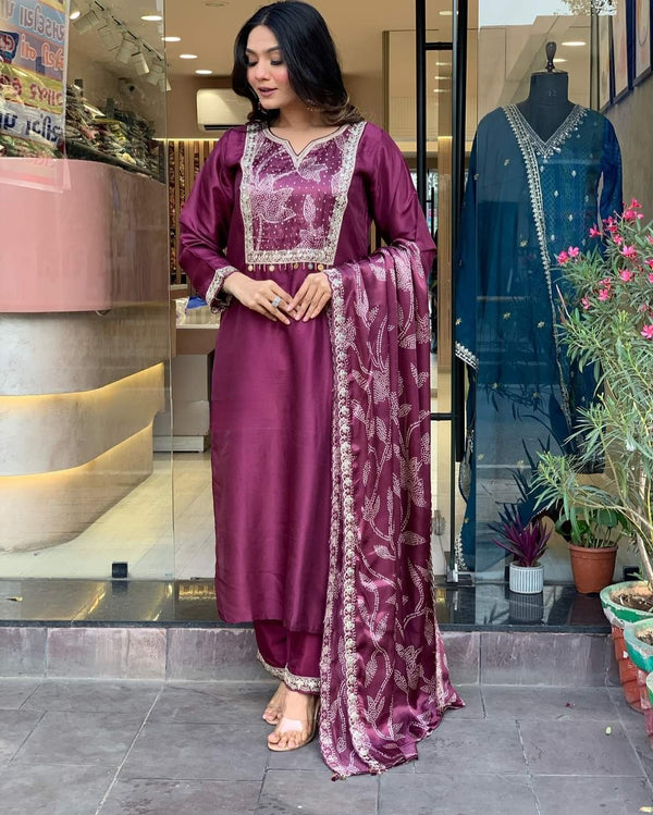 Purple Viscose Chanderi Embroidered suit set