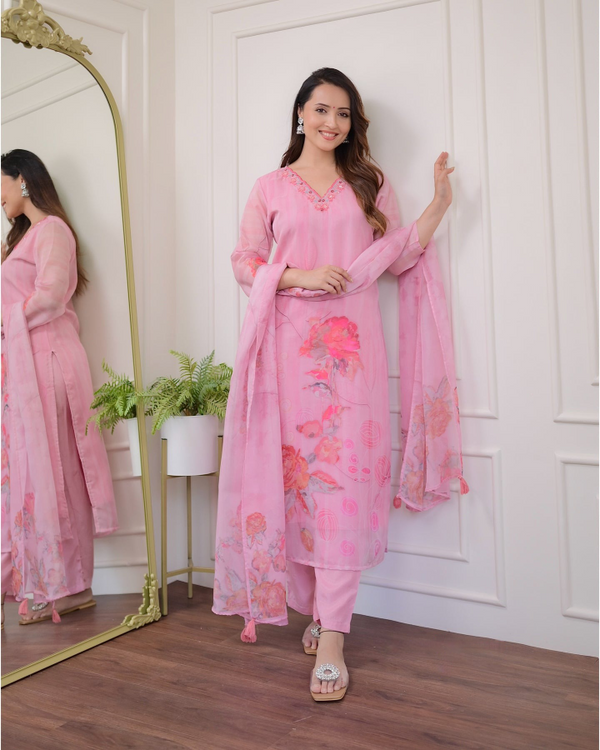 Floral Printed Pink Kurta set with Dupatta