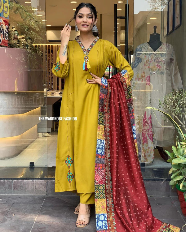 Mustard Yellow A-line Chanderi Kurta set