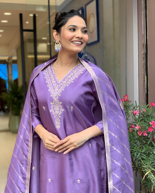 Violet Chanderi Suit set with Jacquard Dupatta
