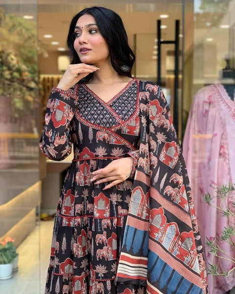 Black Flared Anarkali Suit Set with Khatli work