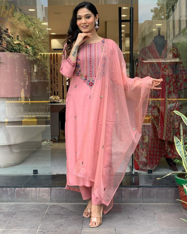 Pink Embroidered Neck with Sequence work 3 Piece Suit set