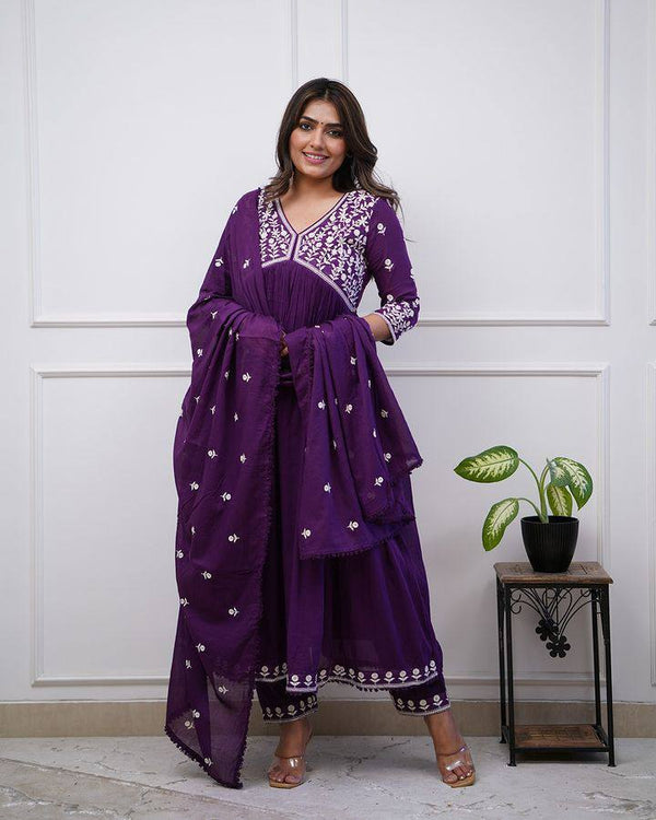 Purple Embroidered Anarkali Suit Set