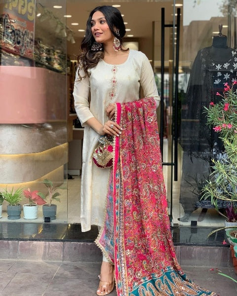 White Chanderi SIlk Suit set with Lacework on Dupatta