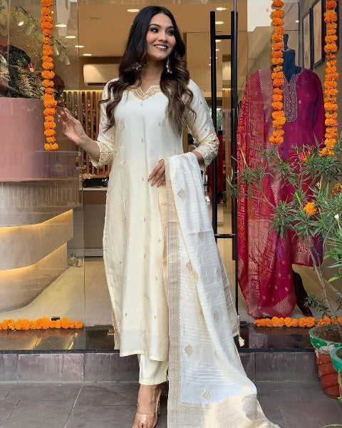White Banana Silk Embroidered Suit with Pant and Lace Dupatta