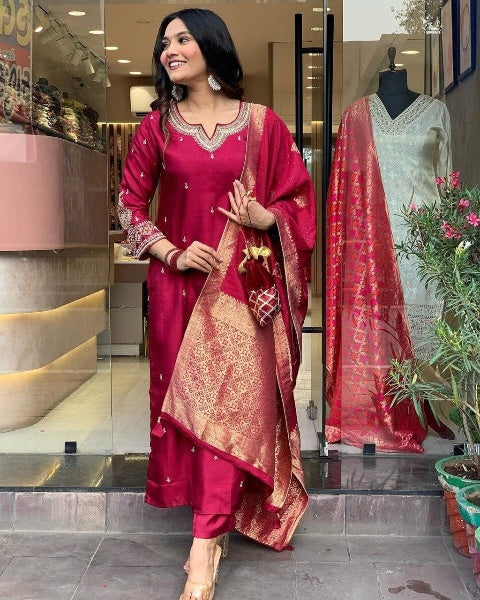 Pink and Violet Banana Silk Embroidered Suit with Pant and Lace Dupatta