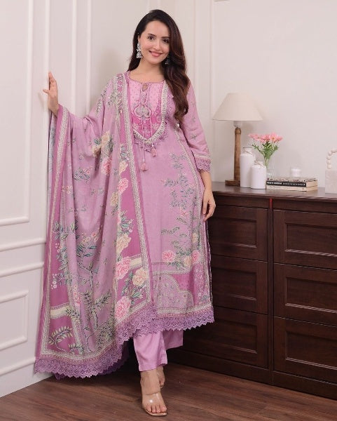 Lilac Muslin Suit with Hand Embroidery