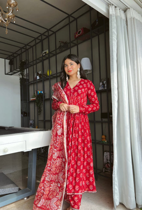 Red Printed Anarkali Dress with Dupatta