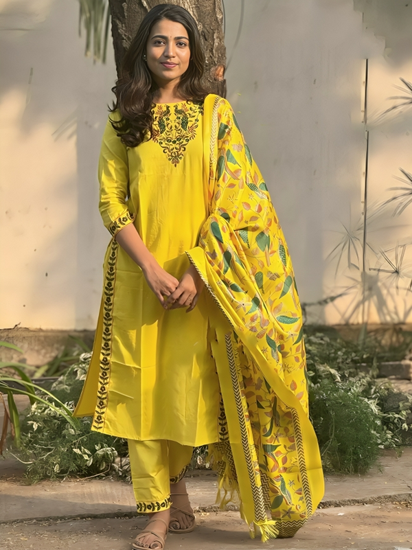 Yellow Cotton Dress with Dupatta