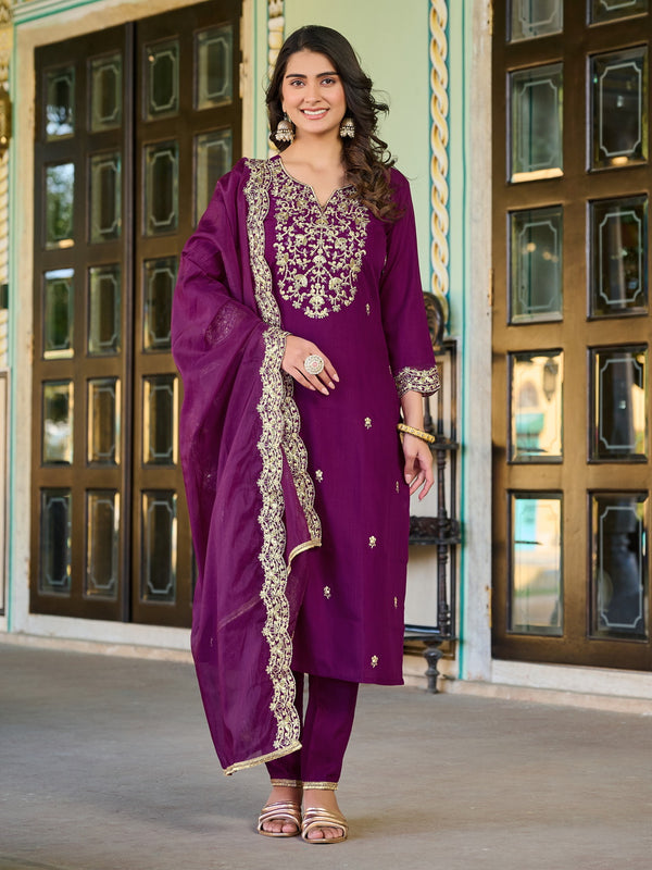 Purple Embroidered Roman Silk Suit