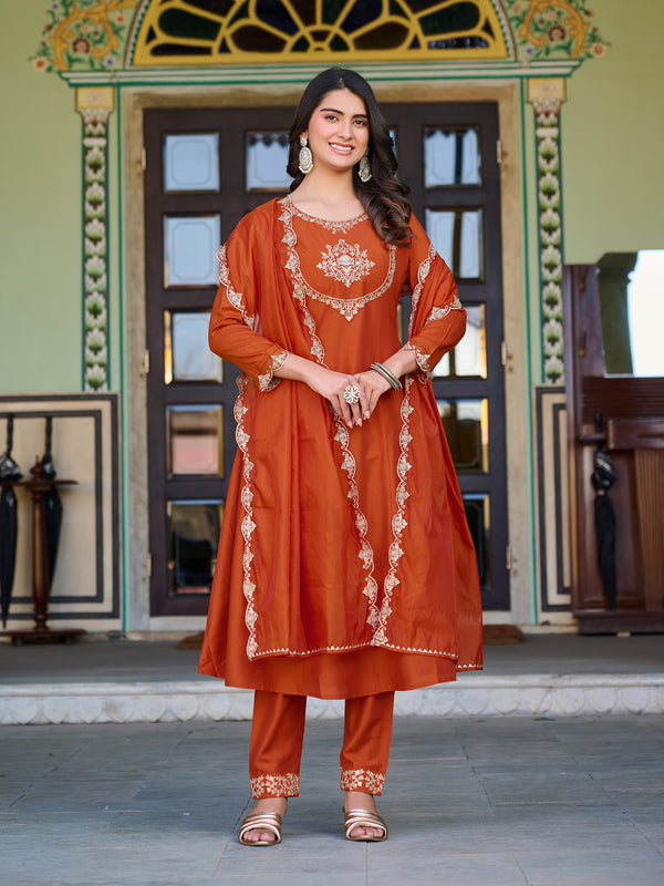 Brown Cotton Embroidered Suit
