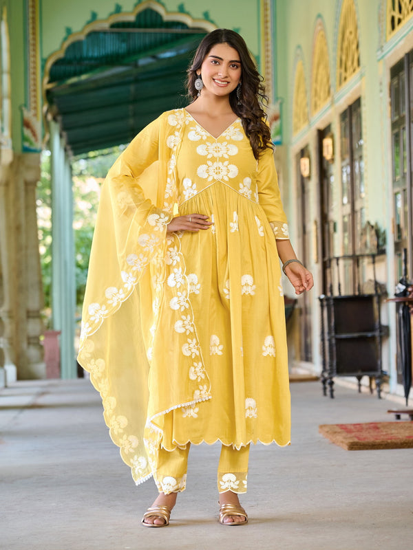 Yellow Maska Cotton Embroidered Suit set