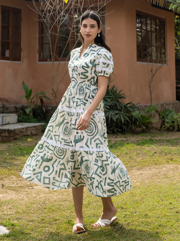 Off-White Cotton Printed Dress