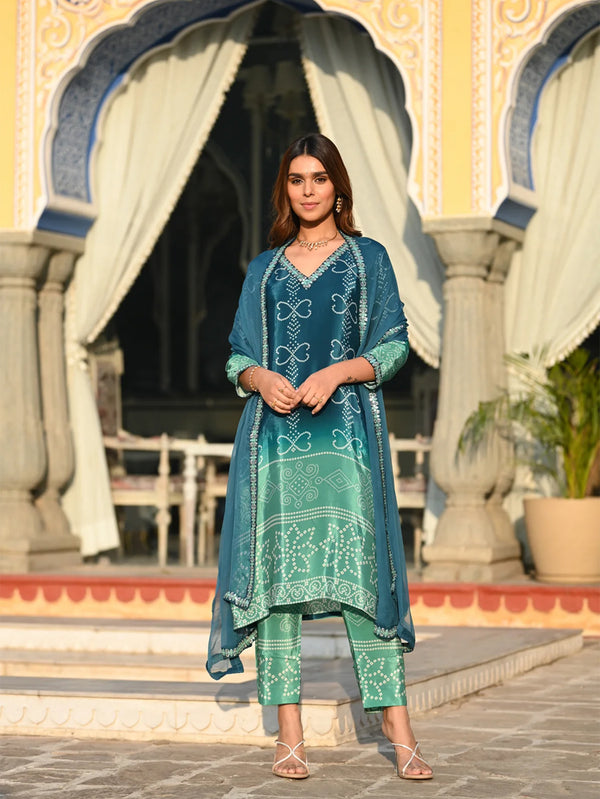 Peacock Blue Embroidered Suit