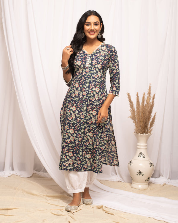 Navy Blue Petal Paradise Kurti