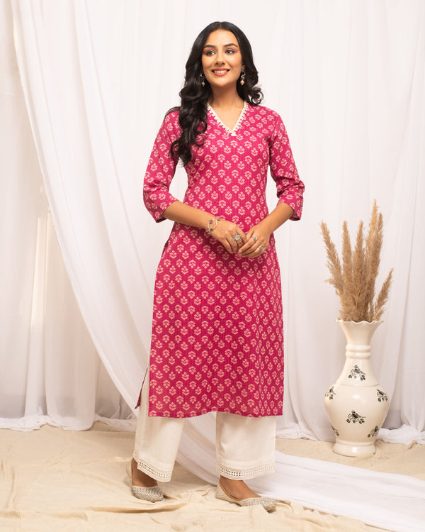 Dark Pink Printed Cotton Kurti