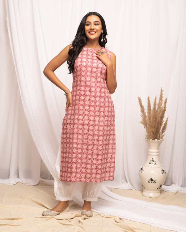 Printed Pink Cotton Kurti