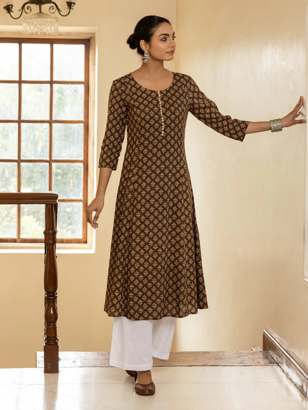 Brown Floral Printed Kurta