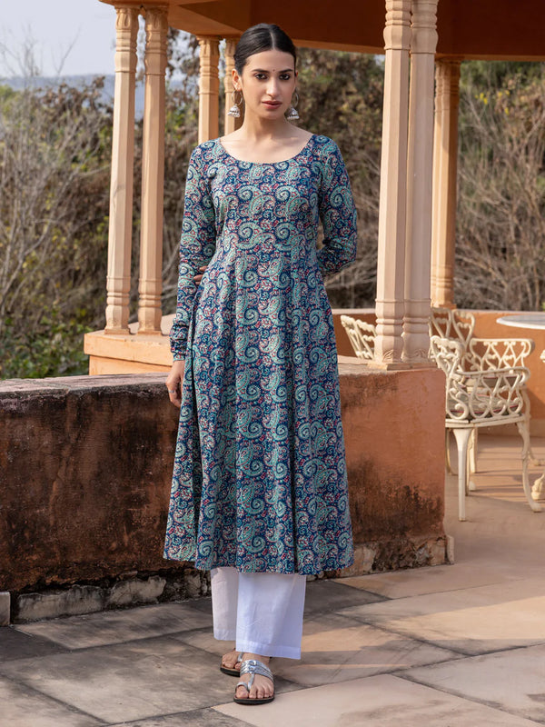 Women's Blue Paisley Printed Cotton Anarkali Kurta