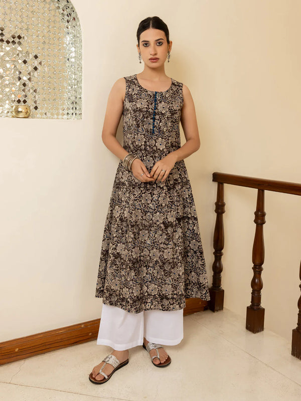 Brown Floral Printed Sleeveless Kurta