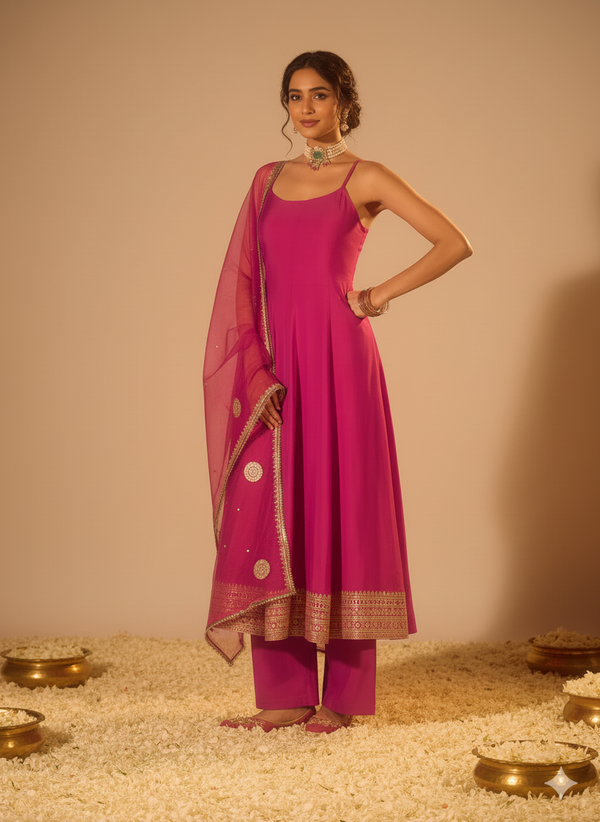 Pink Chanderi Silk Festive Kurta a Set with Gota Patti on Dupatta
