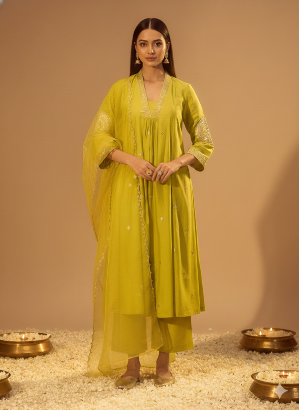 Lemon Green Embroidered Kurta Set with Gotawork Dupatta