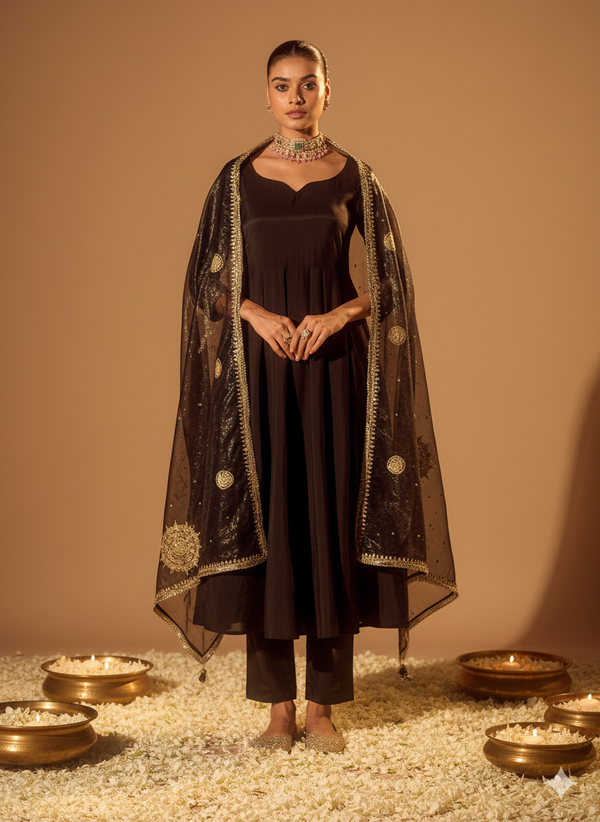 Black Chanderi Silk Festive Suit with Gotawork on Dupatta