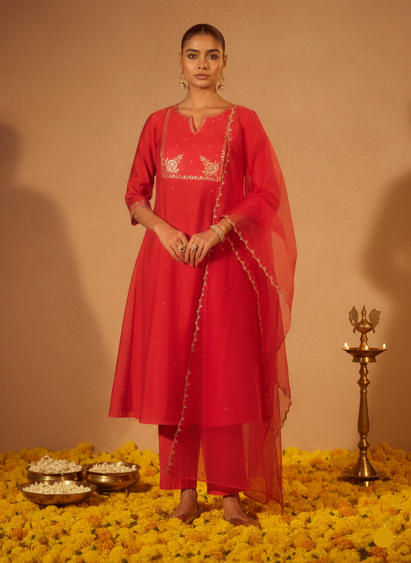 Red Chanderi Embroidered Festive Suit