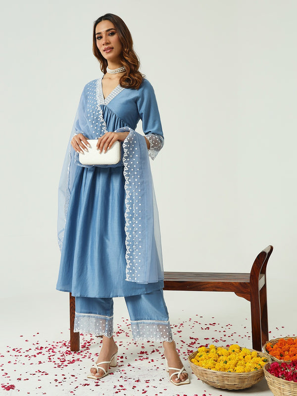 V-Neck Mirrorwork Blue Dress with Dupatta