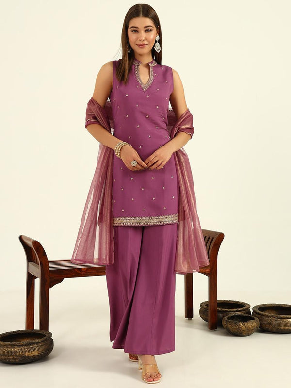 Purple Chanderi Partywear Dress with Plazzo and Dupatta