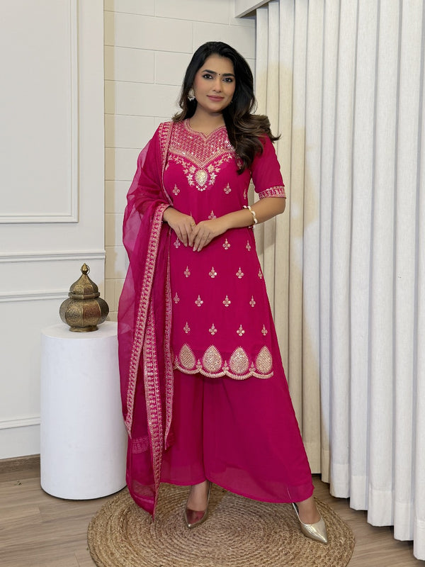 Pink Embroidered Kurta with Sharara and Dupatta