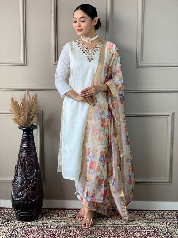 White V-Neck Viscose Kurta set with Dupatta