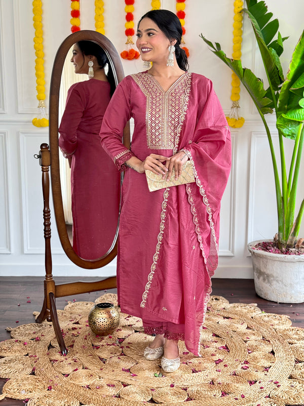 Pink V-Neck Kurta set with Embroidery work