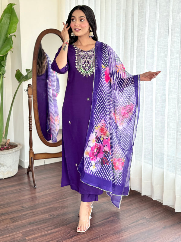 Violet Embroidered Kurta set with Dupatta