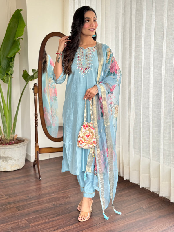 Womens Embroidered Chanderi Silk Suit Set