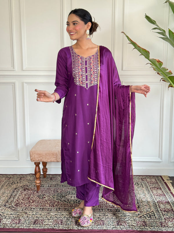 Violet Festivewear Rayon Kurta set with Dupatta