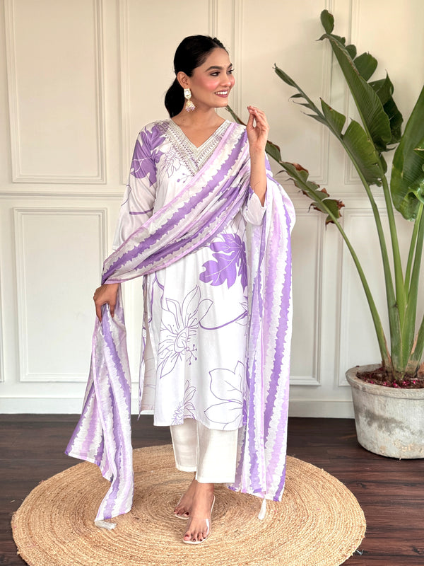 White Floral Print Rayon Kurta set