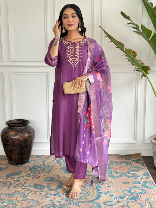 Womens Embroidered Purple Chanderi Silk Suit Set