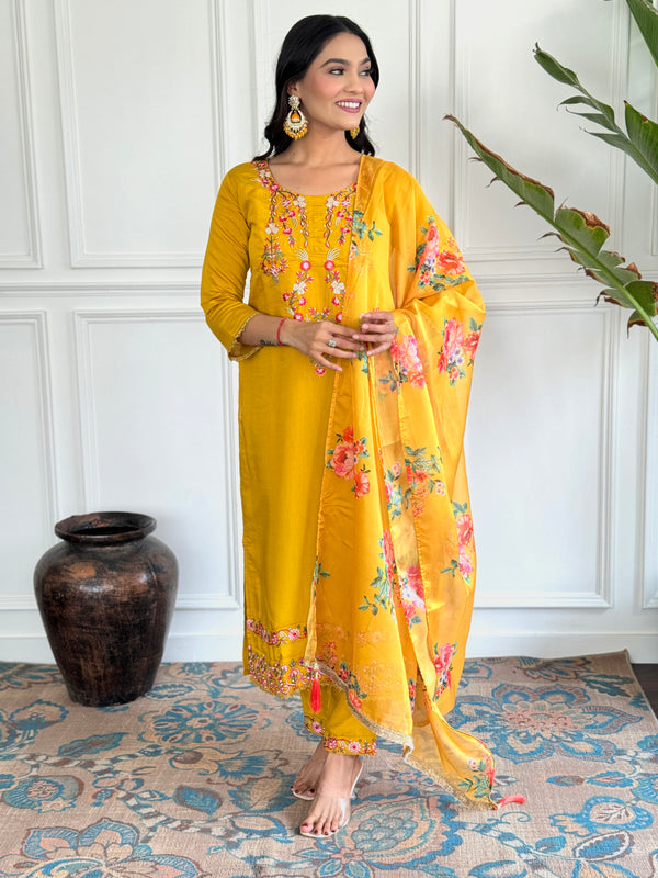 Mustard Yellow Chanderi Embroidered Kurta set