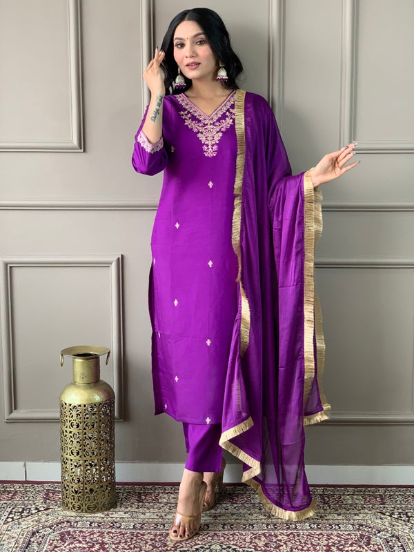 Purple Viscose Chanderi Embroidered Kurta set with Dupatta