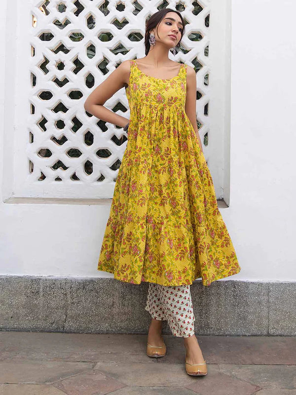 Exclusive Mustard Cotton Floral Kurta Pant Set