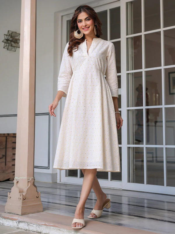 Off White Pure Cotton Schiffli Work Dress