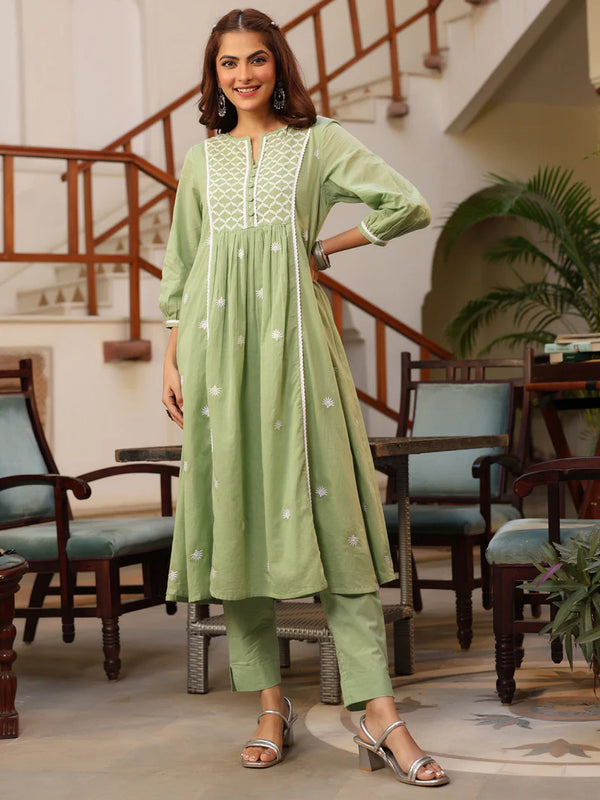 Exquisite Green Jaipuri Cotton Embroidered Kurta Set