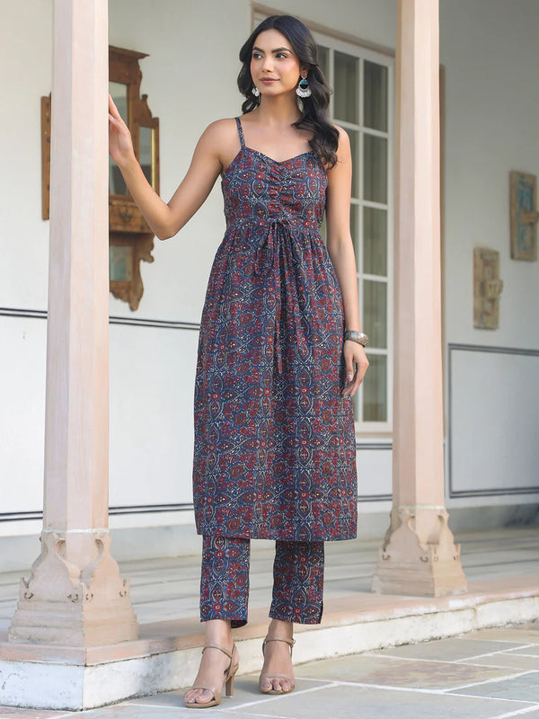 Navy Blue Jaipuri Cotton Motif Printed A-line Kurta Set