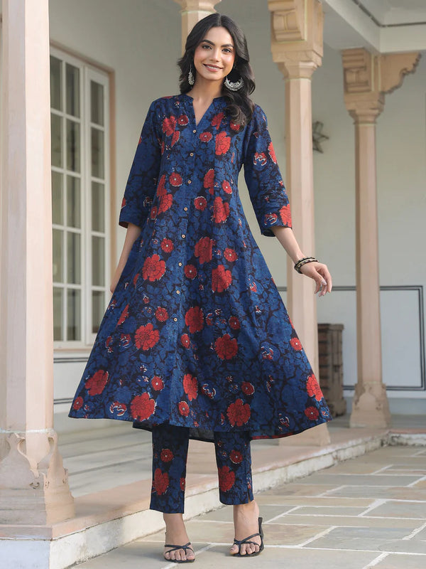 Exquisite Navy Blue Floral Printed Cotton Kurta Pant set