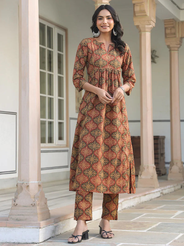 Brown Pure Cotton Kurta Pant Set